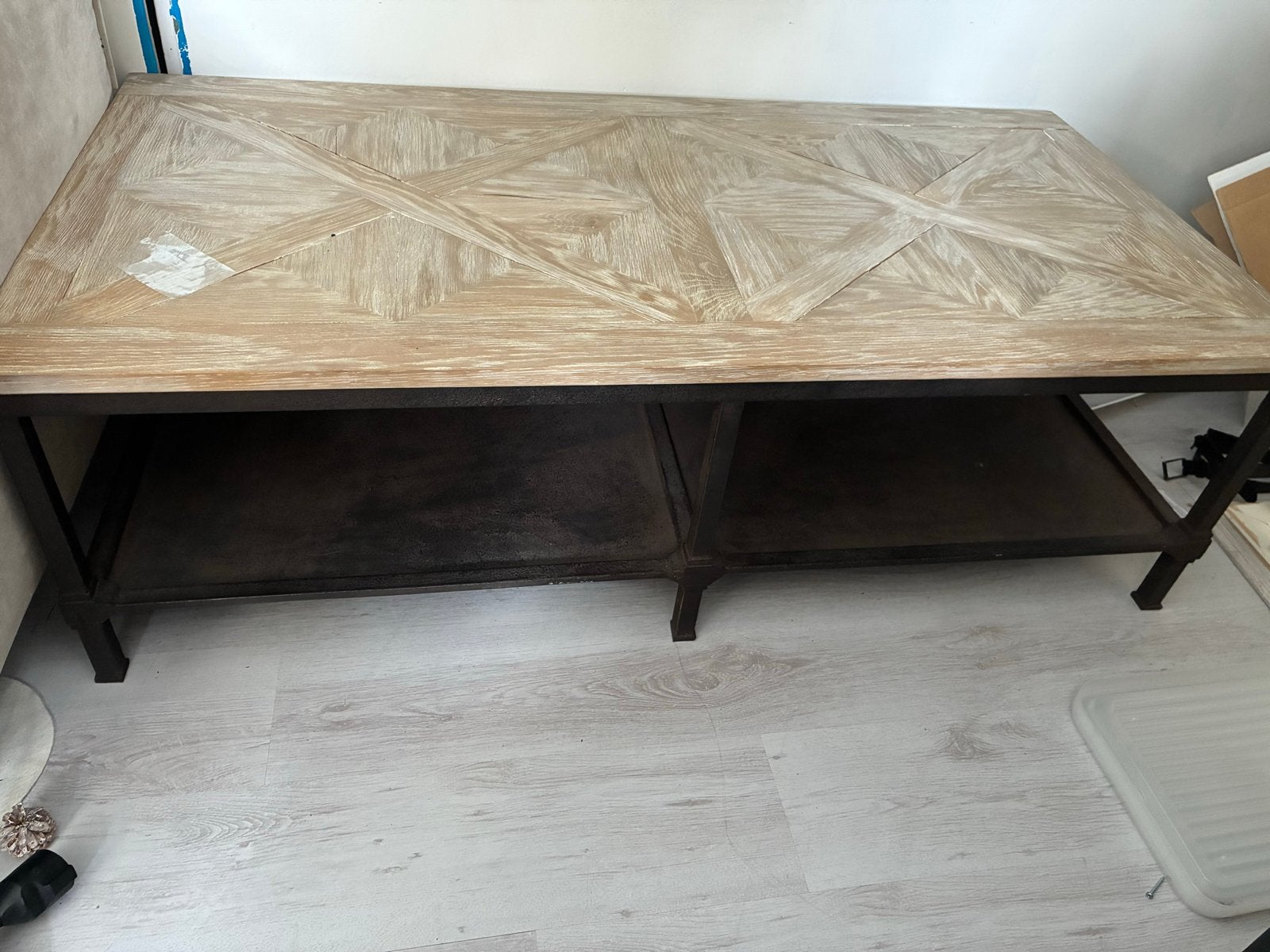 Salontafel en Bijzettafel Set - Hout en Metaal, Ophalen, Gebruikt, 100 tot 150 cm, 50 tot 100 cm
