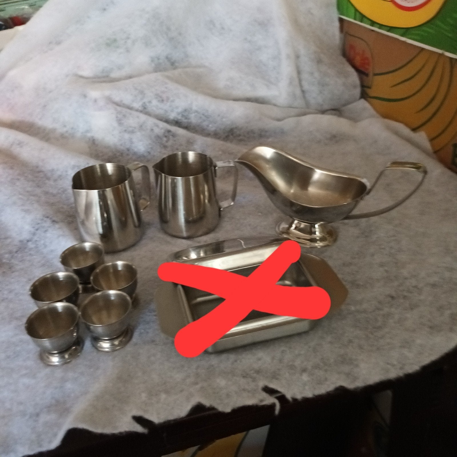 RVS Servies : Sauskom, Melkkannetjes, Eierdop, Huis en Inrichting, Keuken | Servies, Gebruikt, Overige typen, Ophalen of Verzenden