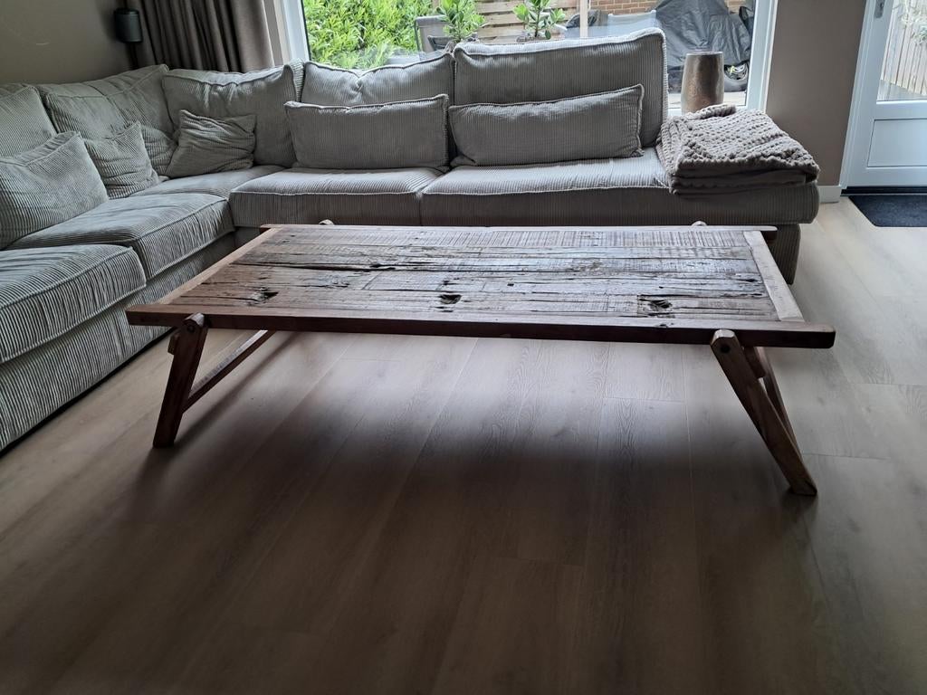 Unieke salontafel van Indonesisch boothout, Ophalen, Gebruikt, 50 tot 100 cm, Rustiek, Industrieel, Duurzaam