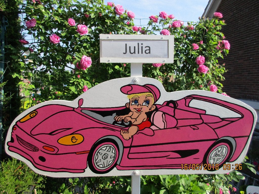 Geboorteborden, Geboortebord baby in roze auto., Ophalen, Nieuw, Geboortebord