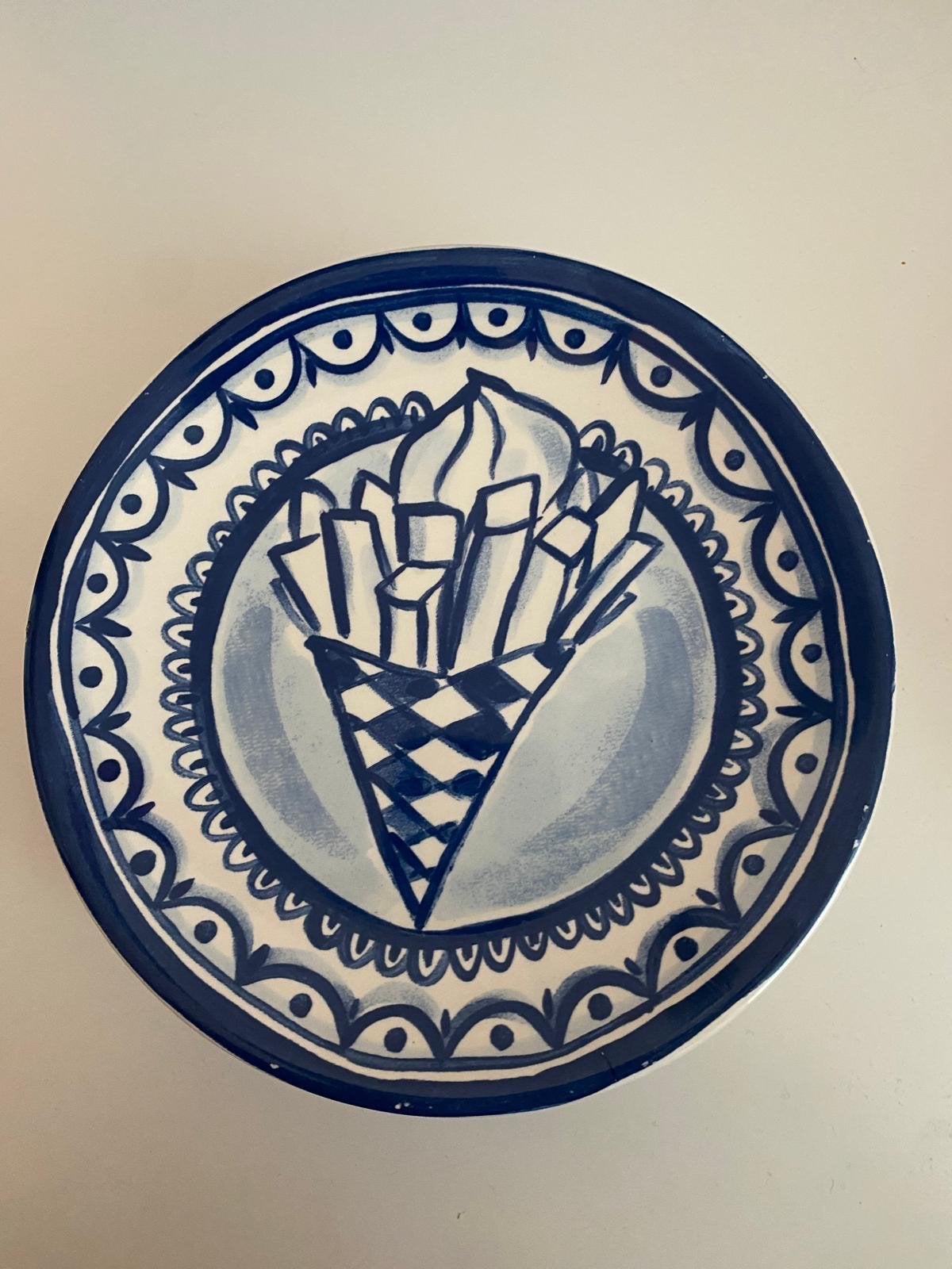 8 x Delftsblauwe gebaksbordjes met friet en stamppot design, Ophalen, Gebruikt, Keramiek, Delftsblauw