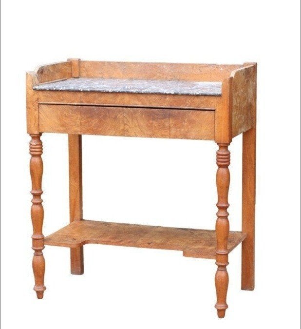 Antieke Franse tafel met marmeren blad en lade, Ophalen