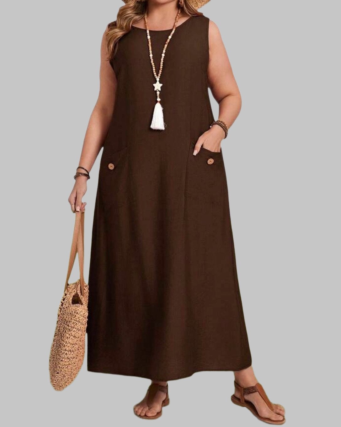 Mouwloze maxi-jurk met zakken -Bruin (44-52), Verzenden, Nieuw, Bruin, Jurk
