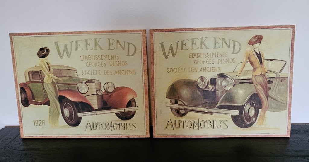 2 LEUKE BROCANTE SCHILDERIJEN - "WEEK-END AUTOMOBILES", Gebruikt, Ophalen of Verzenden, Schilderij, 5 – 50
