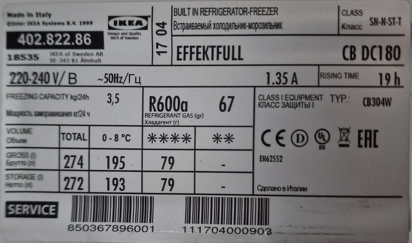 IKEA EFFEKTFULL Koelkast met vriesvak - CB DC180, Witgoed en Apparatuur, Gebruikt, 200 liter of meer, Met aparte vriezer, 160 cm of meer