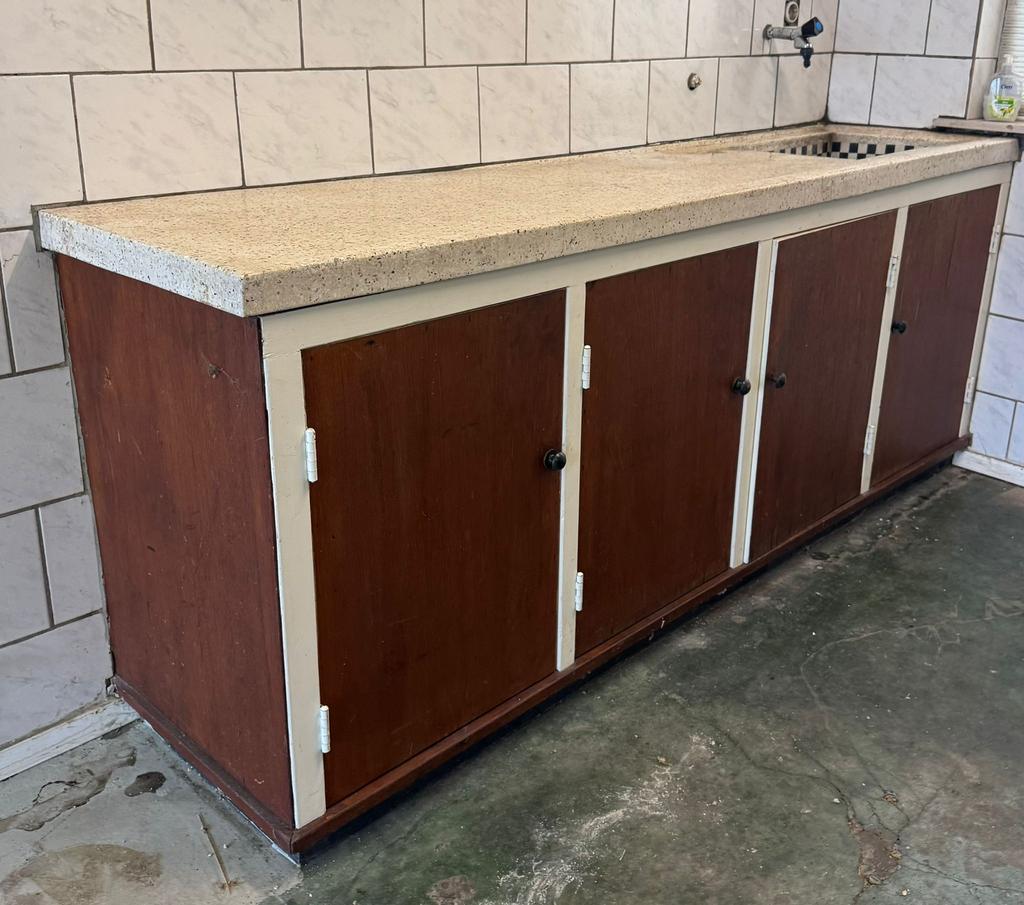 Retro nostalgisch keukeblok met Terrazzo werkblad 210 breed, Ophalen, Gebruikt, 200 cm of meer, Minder dan 100 cm