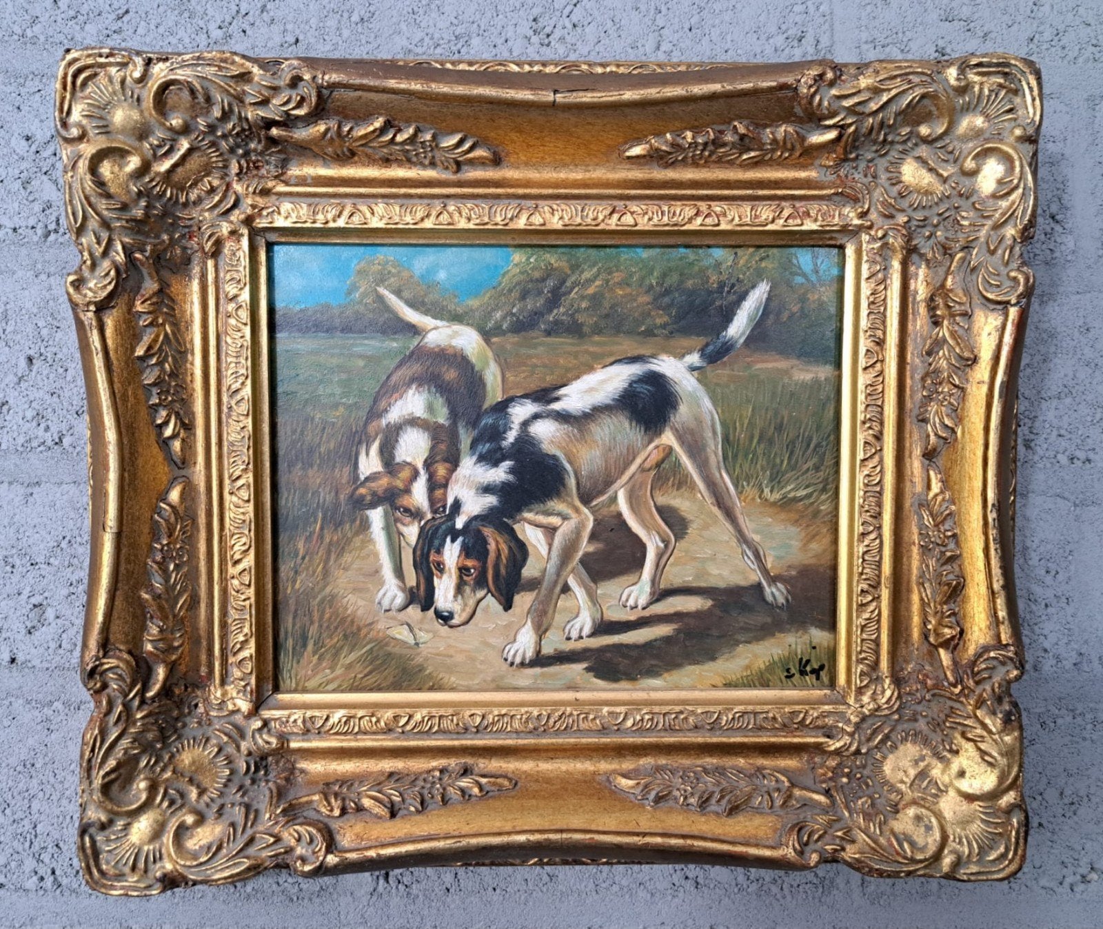Olieverfschilderij: Twee Jachthonden in Landschap, Doek, Realistisch, Origineel werk, Dieren