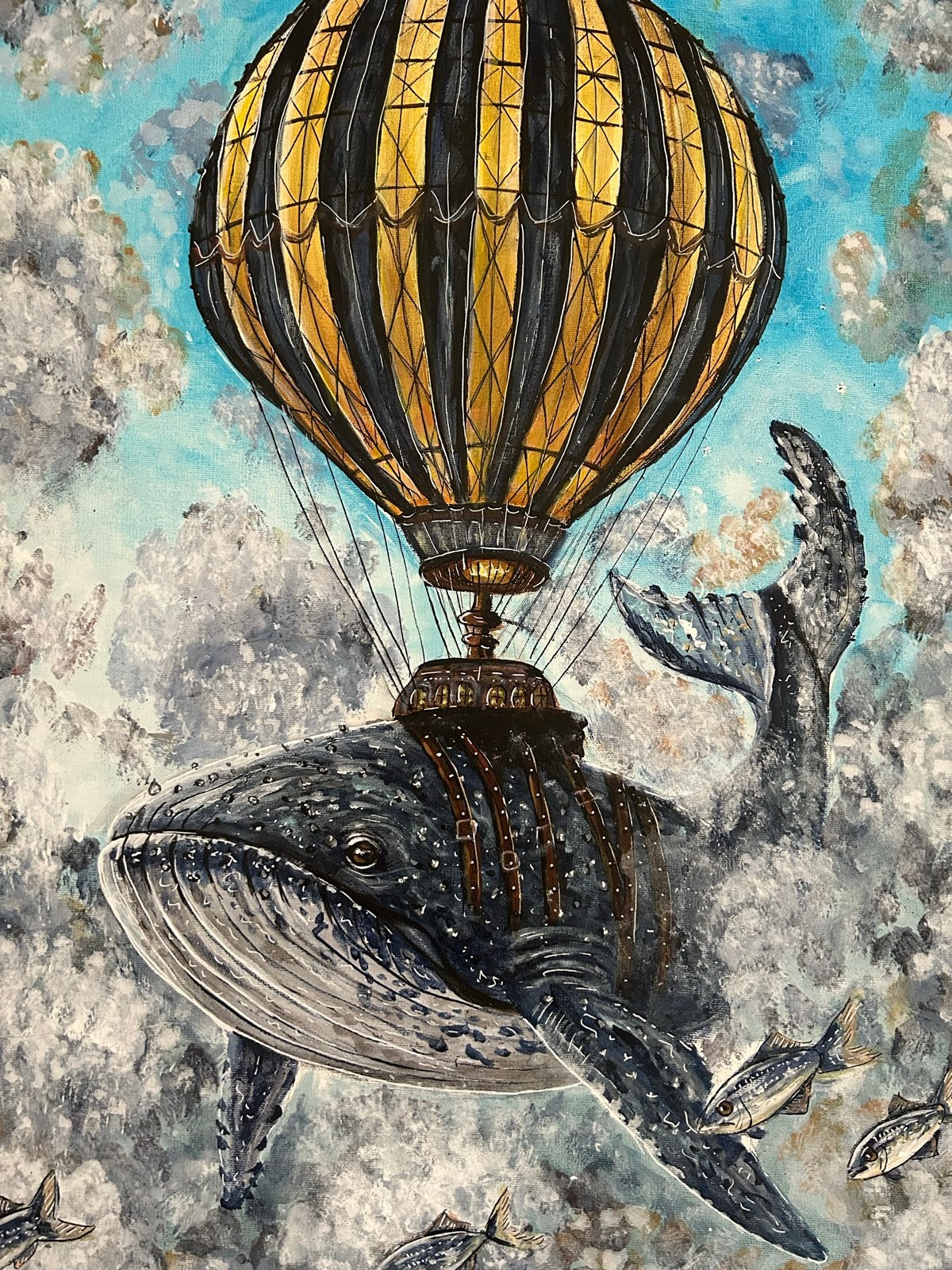 Uniek schilderij: Vliegende walvis met luchtballon, Acrylverf, Doek, Surrealisme, Ophalen of Verzenden