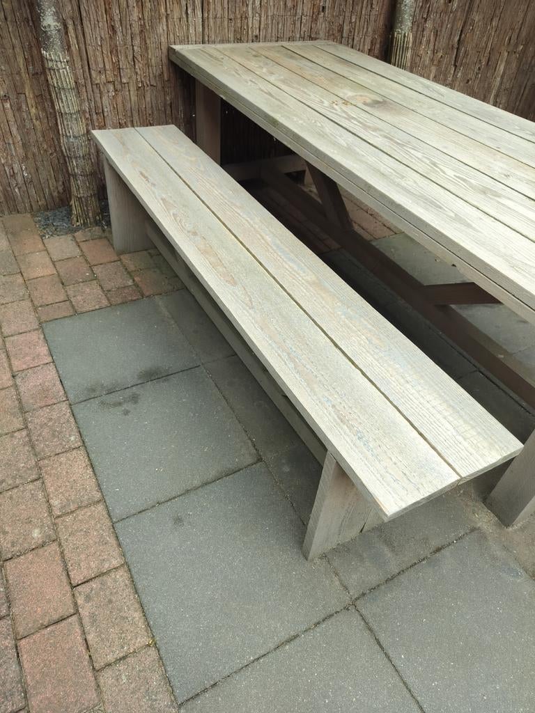 Zelfgemaakte 6-persoons tuintafel met bank (260/210cm), Tuin en Terras, Ophalen, Gebruikt, Hout, Overige typen