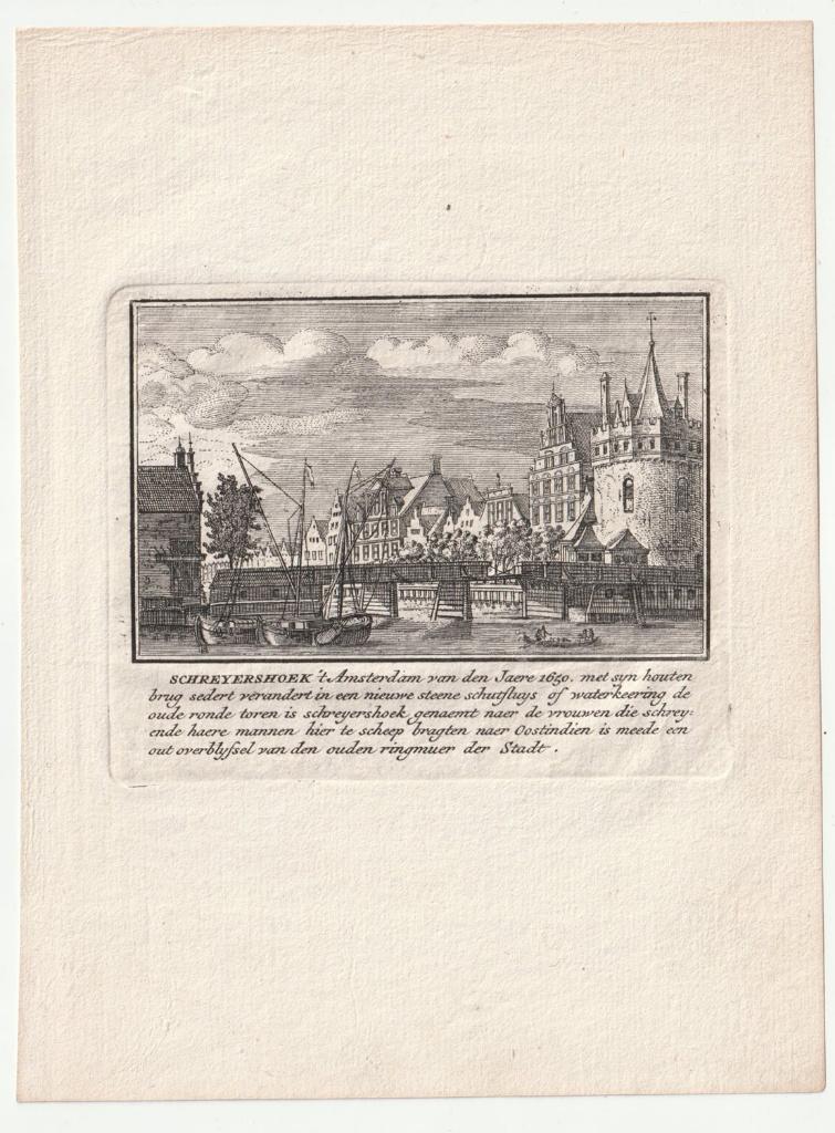 Gezicht op de Schreierstoren in Amsterdam Bregmagher 1726, Antiek en Kunst, Verzenden, Stadsgezicht, Gravure, Met tekst