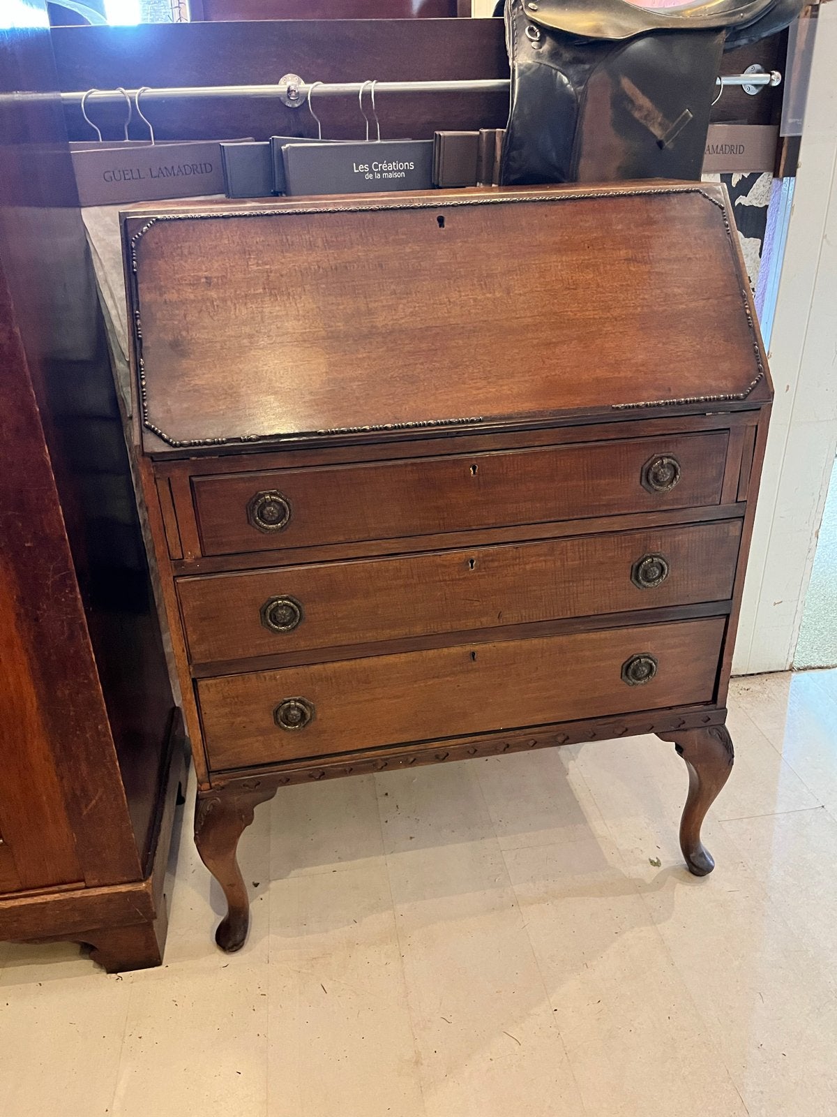 Antiek notenhouten Secretaire Bureau met Leren Inleg, Antiek en Kunst, Ophalen of Verzenden