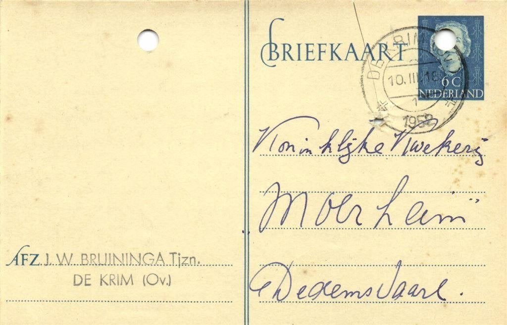 J.W. Bruininga Tjzn., De Krim [Ov.] - 03.1952 - briefkaart, Ophalen of Verzenden, Briefkaart