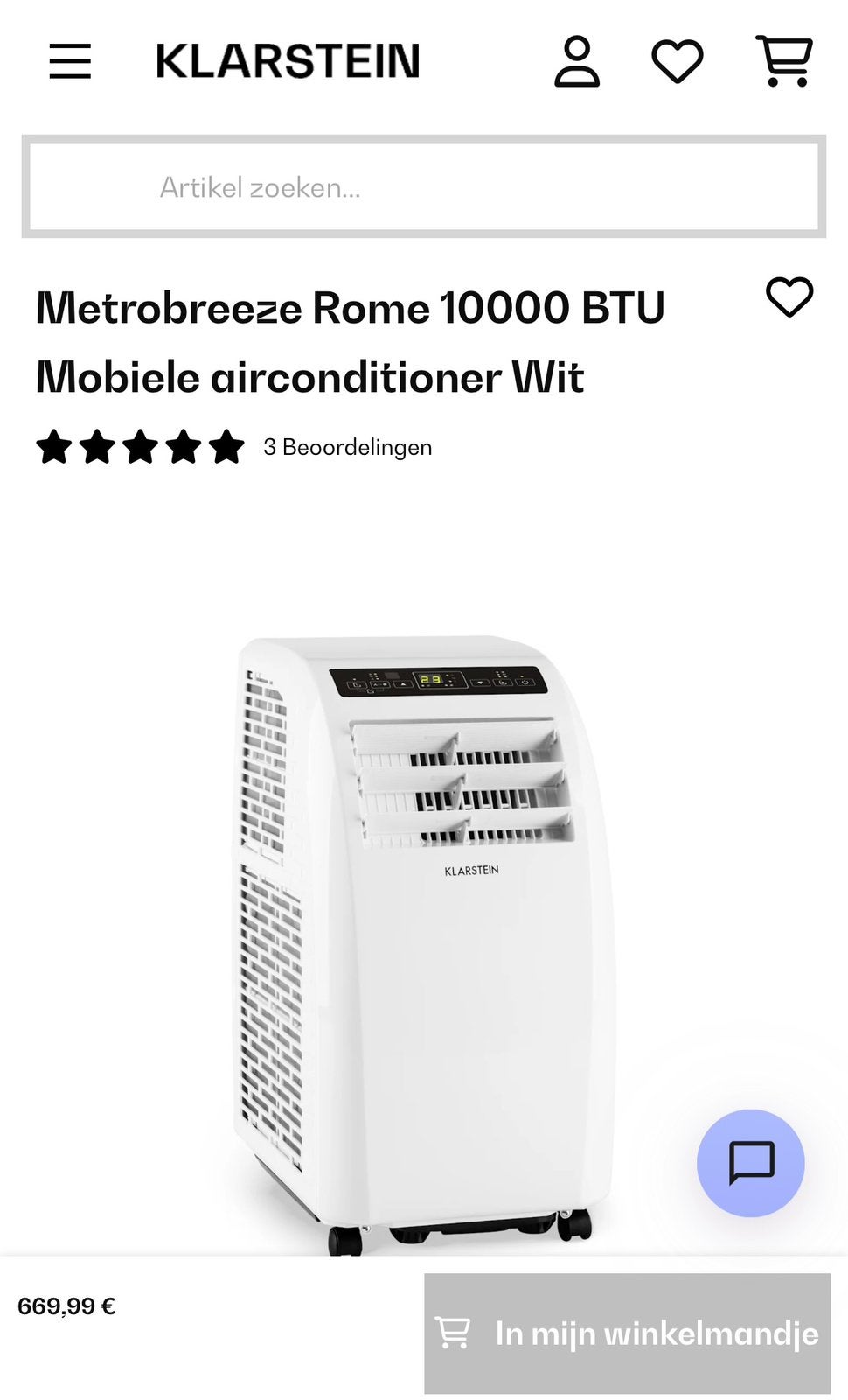 Mobiele airco nieuw - Klarstein Metrobreeze Rom 10.000 BTU, Witgoed en Apparatuur, Airco's, Ophalen, Minder dan 60 m³, Timer, Nieuw