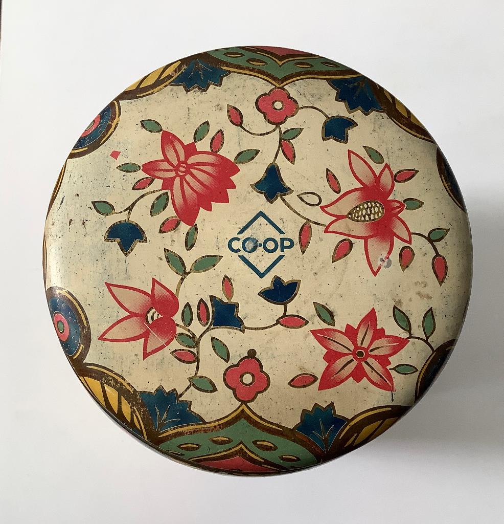 Vintage trommel met CO-OP logo Art Deco, Verzamelen, Blikken, Ophalen of Verzenden, Gebruikt, Overige, Overige merken