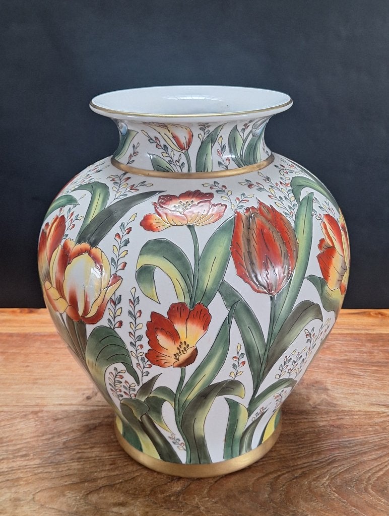 vintage keramieken Decoro Vecchia Faenza overpot bloemmotief, Meerkleurig, Vaas, Ophalen of Verzenden, Handgemaakt