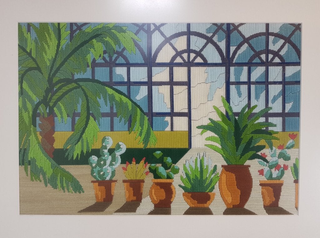 Postmodern geborduurde cactuskas in lijst bohemien kleurrijk, 69 cm, Gebruikt, 54 cm, Meerkleurig