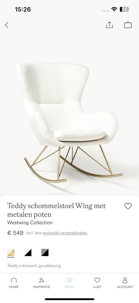 Westwing teddy schommelstoel boucle, Huis en Inrichting, Stoelen, Ophalen of Verzenden, Zo goed als nieuw, Wit, Eén