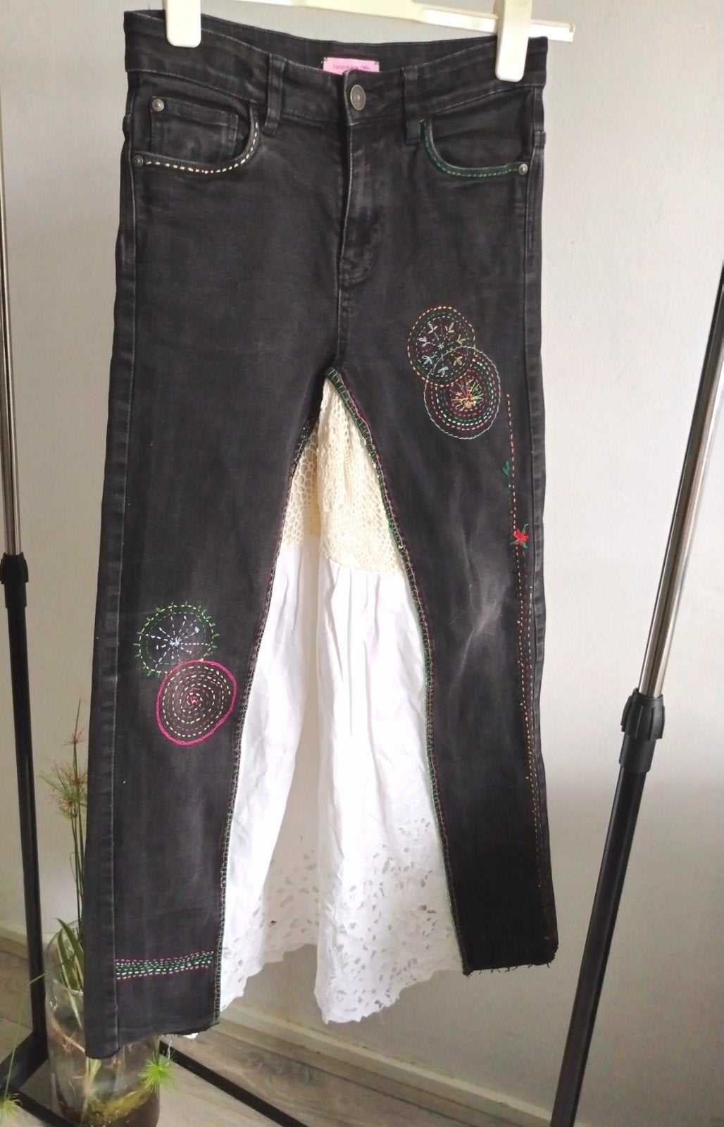 Unieke Handgemaakte Bohemian Maxi Spijkerrok L, Maat 38/40 (M), Handmade, Zwart, Nieuw