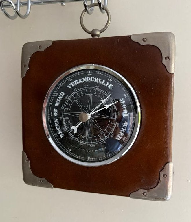 Vintage Barometer - Weerstation in Leren Behuizing, Ophalen of Verzenden, Gebruikt, Barometer