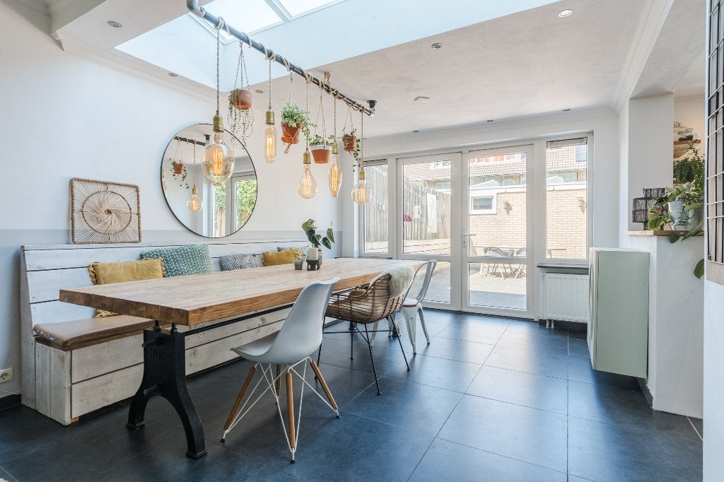 Teakhouten eettafel - 280x110 - met evt lampen/bank/stoelen, Huis en Inrichting, Ophalen, Gebruikt, 200 cm of meer, Vijf personen of meer