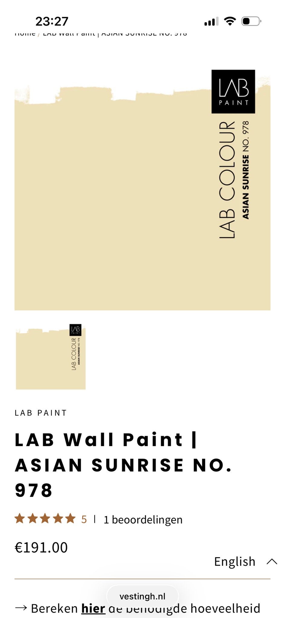 LAB Wall Paint Asian Sunrise No. 978 - 5 liter, 5 tot 10 liter, Geel, Nieuw, Ophalen of Verzenden
