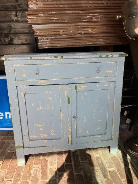 Vintage blauwe kast met lade en deuren, Antiek en Kunst, Ophalen