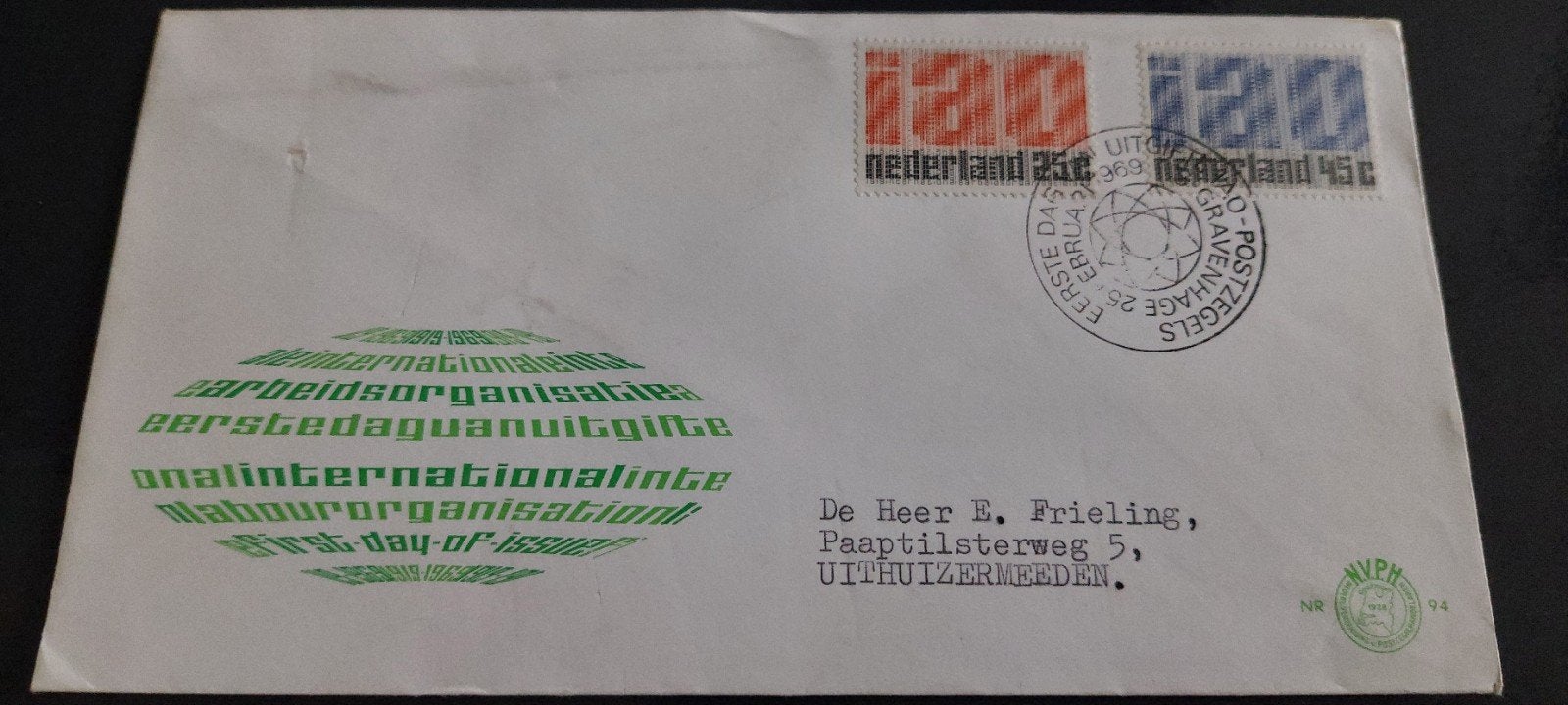 eerste dag envelop nederland e94 IAO 1969, Ophalen, Beschreven, Nederland