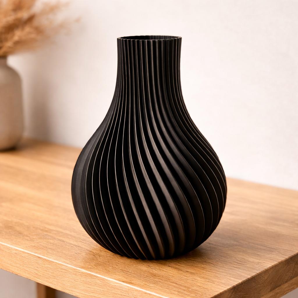 Zwarte design vaas 18 cm – 3D geprint ribbel, Verzenden, Nieuw, Zwart, Kunststof