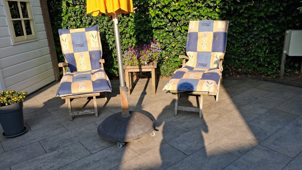 houten deckchairs met kussens, Ophalen, Gebruikt, Hout, Inklapbaar