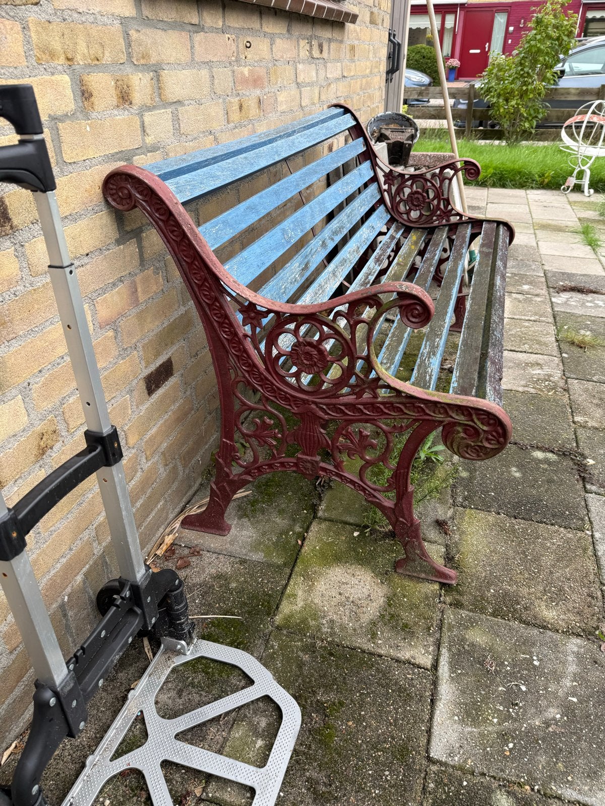 Vintage gietijzeren tuinbank met houten latten, Tuin en Terras, Tuinbanken, Ophalen, Gebruikt, Hout
