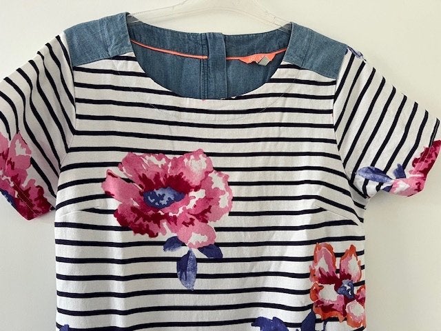 Joules, jurk voorkant gestreept achterkant stof jeans mt L., Maat 38/40 (M), Blauw, Joules, Ophalen of Verzenden