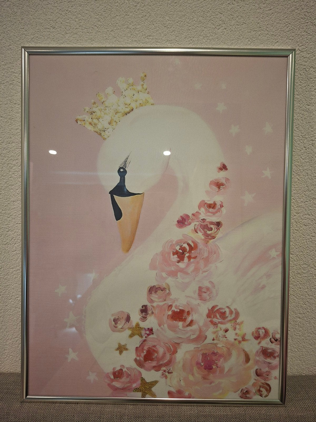 Schilderij Zwaan met Kroon en Rozen - Kinderkamer Decoratie, Ophalen, Overige materialen, Minder dan 50 cm, 50 tot 75 cm