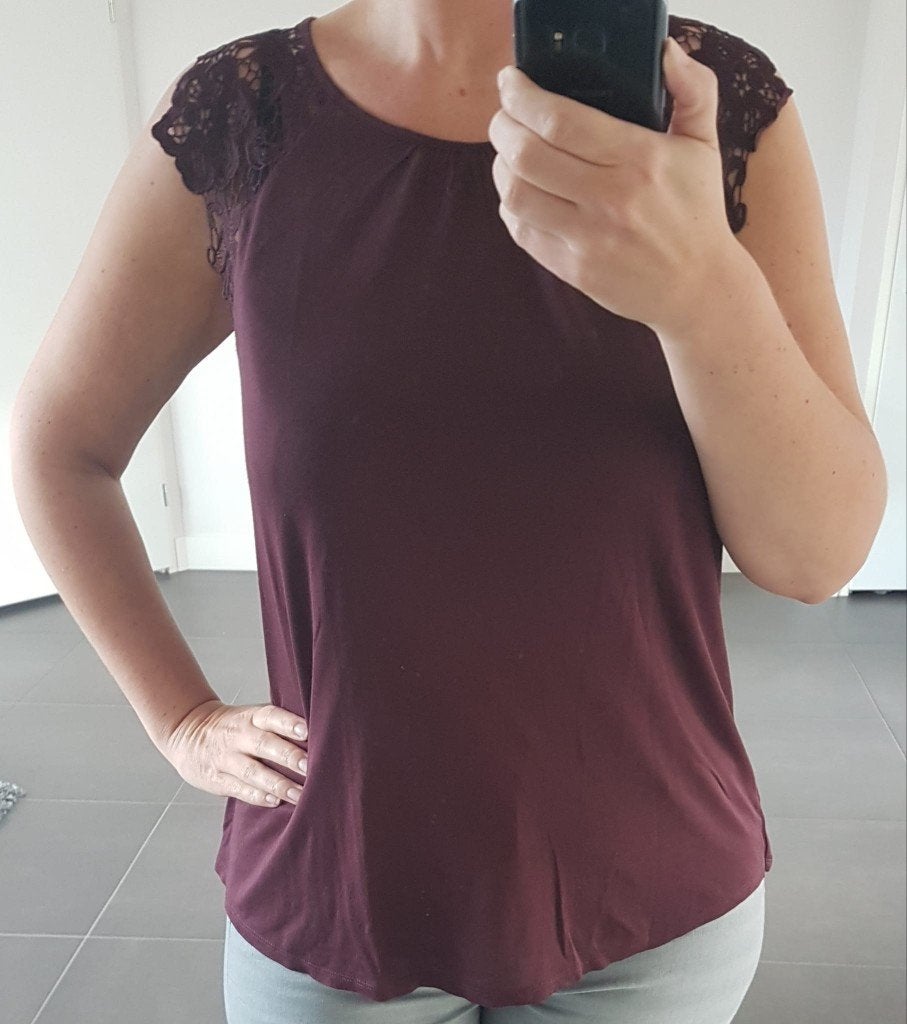 Shirt Bordeaux Rood L Kanten Mouw, H&M, Verzenden, Maat 42/44 (L), Nieuw