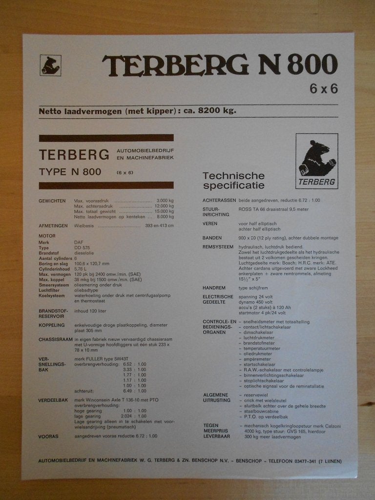 Terberg N800 6x6 Technische Specificatie Brochure ca 1970, Ophalen of Verzenden, Zo goed als nieuw, Overige merken, Terberg