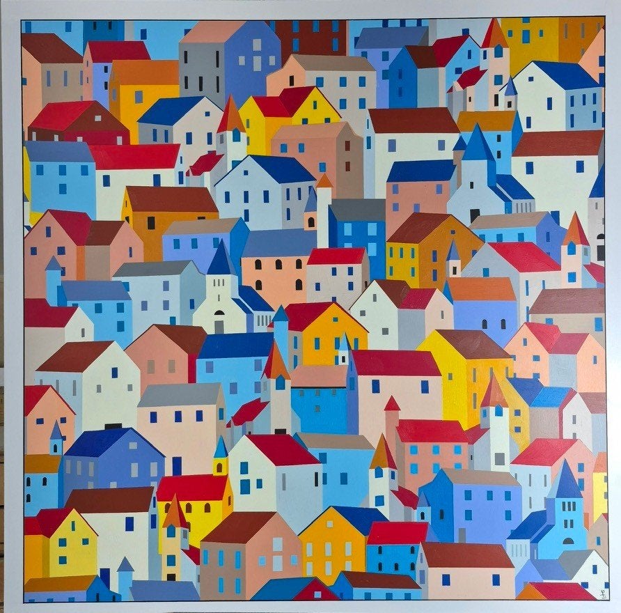 Schilderij Franklin van Dam - Kleurrijk Stadsgezicht Huisjes, Ophalen of Verzenden, Hout, Acrylverf, Landschap