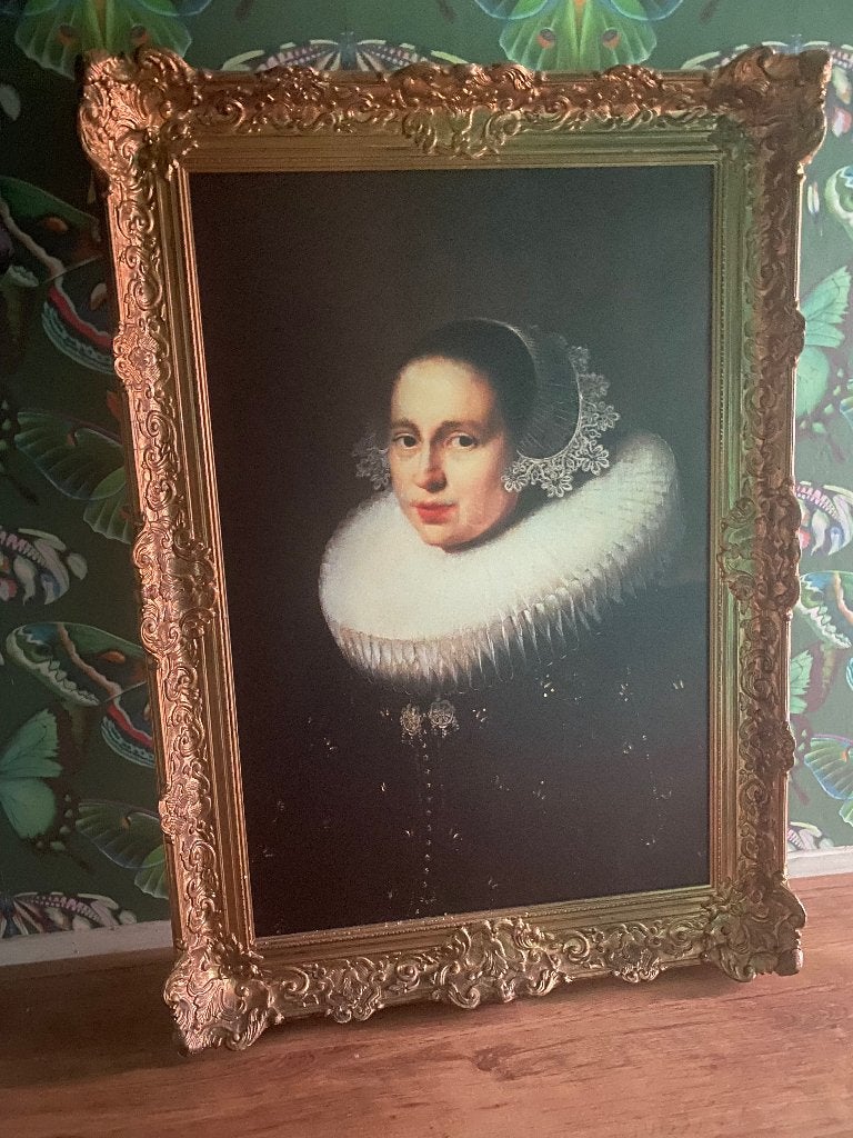 Barok schilderij met sierlijke gouden lijst, Ophalen, Gebruikt, 76 cm, 106 cm