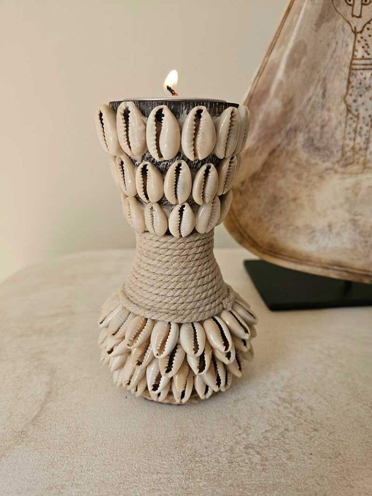 Windlicht Boho schelpen 1 uit Bali, Windlicht, Ophalen of Verzenden, Tropical home, Hout
