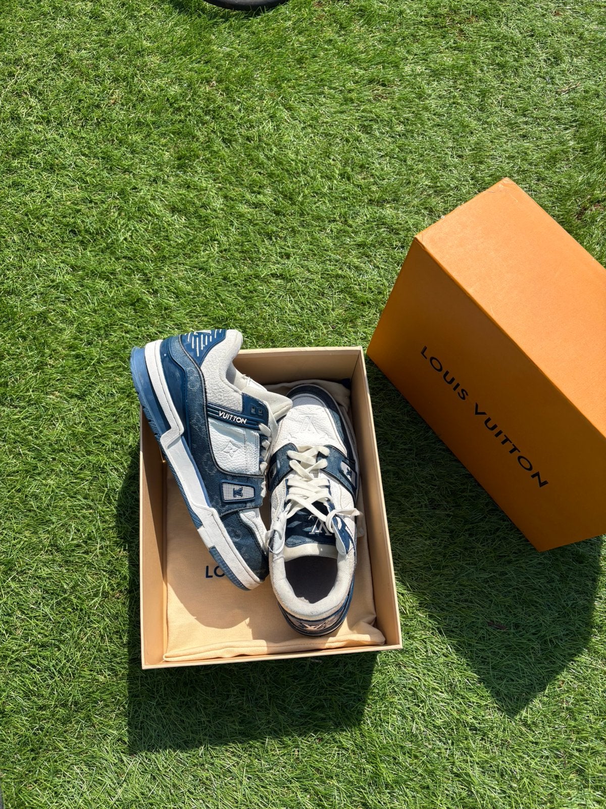 Louis vuitton monogram denim white blue, Verzenden, Blauw, Sneakers of Gympen, Zo goed als nieuw