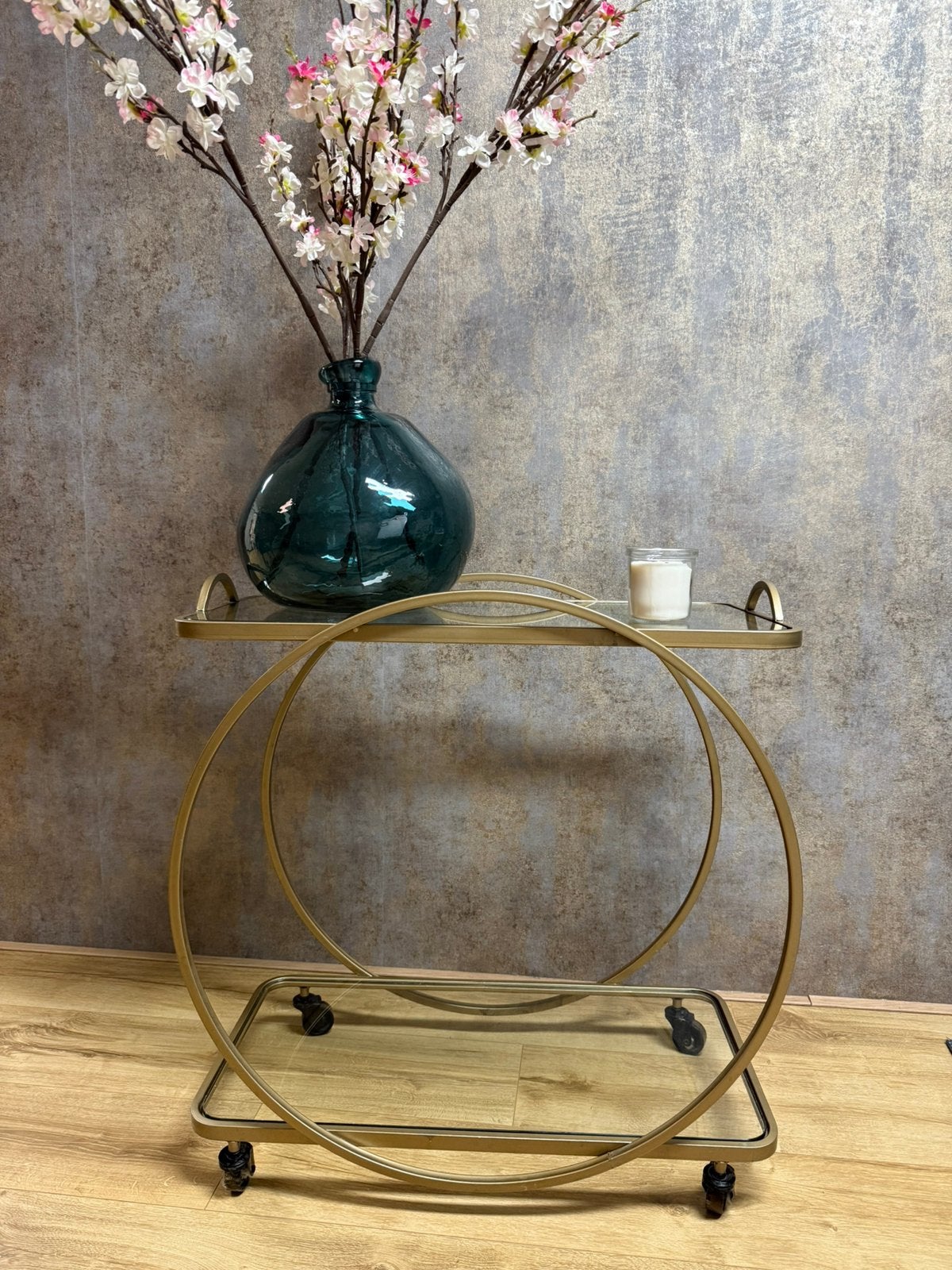 Riverdale drankentrolley goud met glas, Ophalen, 50 tot 100 cm, Glas, Zo goed als nieuw