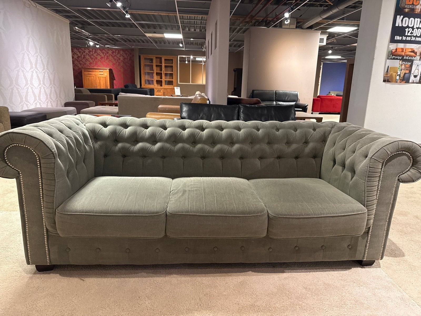 Chesterfield model 3-zitsbank - Groen - 210x85cm, Gebruikt, ., Driepersoons, 75 tot 100 cm