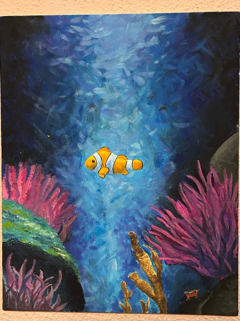 Levendige Clownvis met Krab schilderij. Reflecterende Verf, Ophalen of Verzenden