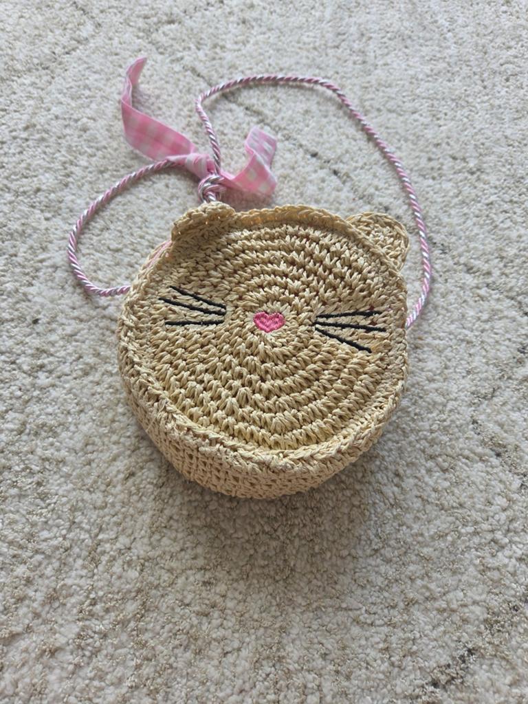 Stro handtasje met kattengezichtje en roze strik, Ophalen of Verzenden, Nieuw, Beige, Overige typen