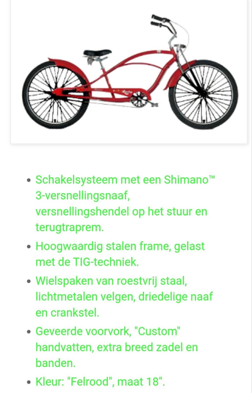 Rode Chopper Fiets met Shimano 3-versnellingsnaaf, Terugtraprem, Staal, Heren, Nieuw