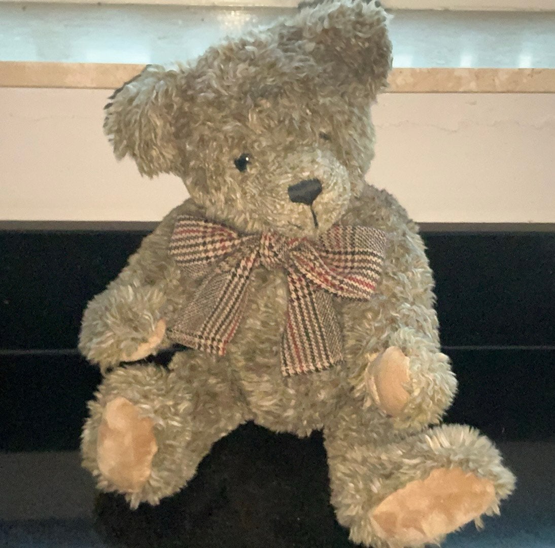 pluche teddybeer met geruite strik krullende  pluche vacht., Ophalen of Verzenden, Zo goed als nieuw, Stoffen beer, Overige merken