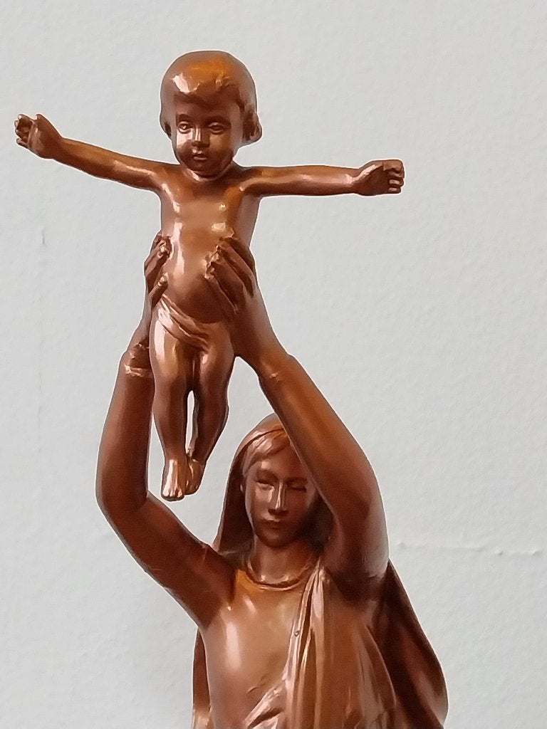 Art Deco Maria met Kind Vierge d’Albert op marmer, Antiek en Kunst, Art deco, Ophalen of Verzenden, 20 - 50 cm, Bruin