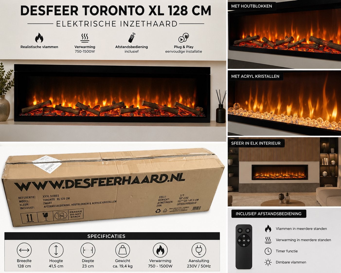 Desfeer Toronto XL 128 cm Elektrische Inbouwhaard, Ophalen, Nieuw, Vrijstaande haard, Elektrische haard