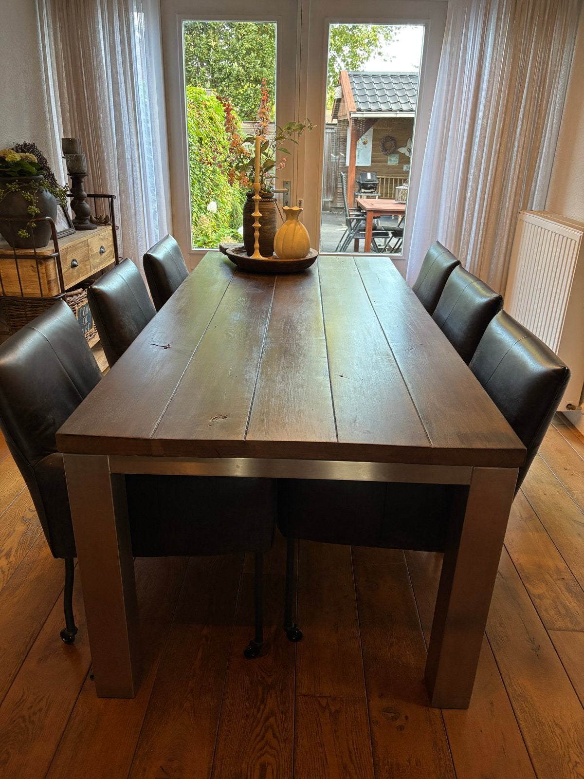 Stoere eethoektafel 2.20m x 1m, Ophalen, Gebruikt, 100 tot 150 cm, 200 cm of meer