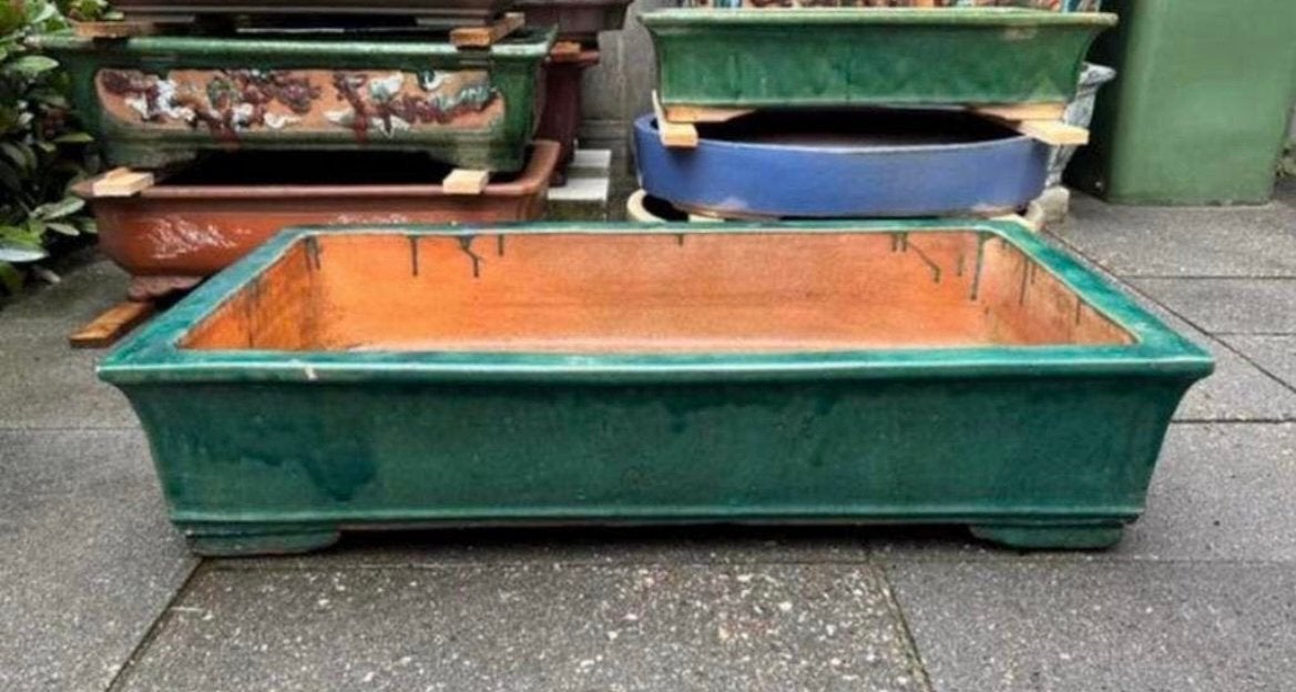Bonsai schaal XXXL! Groen geglazuurd aardewerk 91x50x20, Ophalen, Zo goed als nieuw, Aardewerk, Rechthoekig