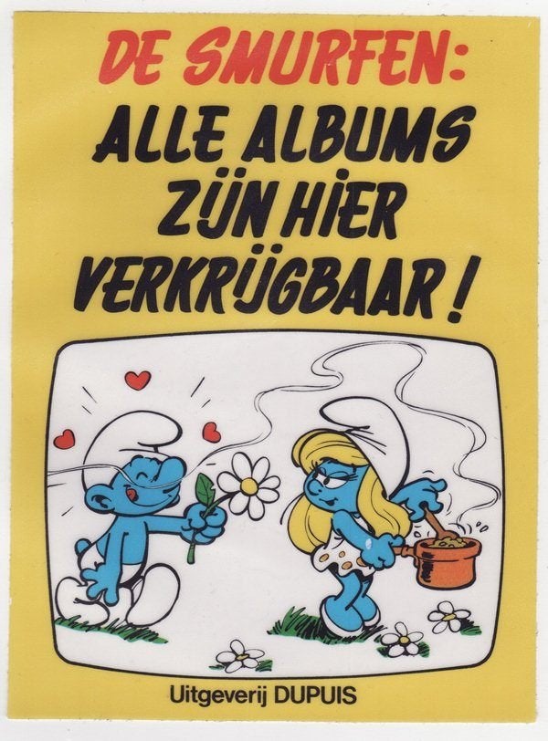 Grote oude raamsticker De Smurfen voor winkels / Smurfin, Verzenden, Zo goed als nieuw, Sticker