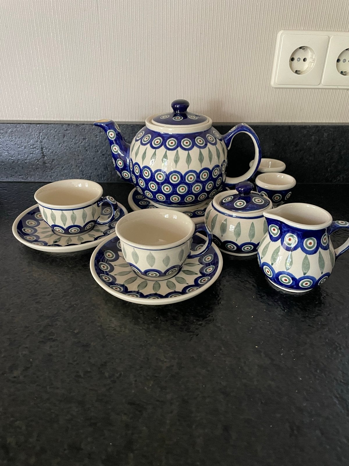 Theeserviesje 2 persoons Boleslawiec Pools aardewerk, Huis en Inrichting, Keuken | Servies, Ophalen, Overige merken, Vintage, Zo goed als nieuw